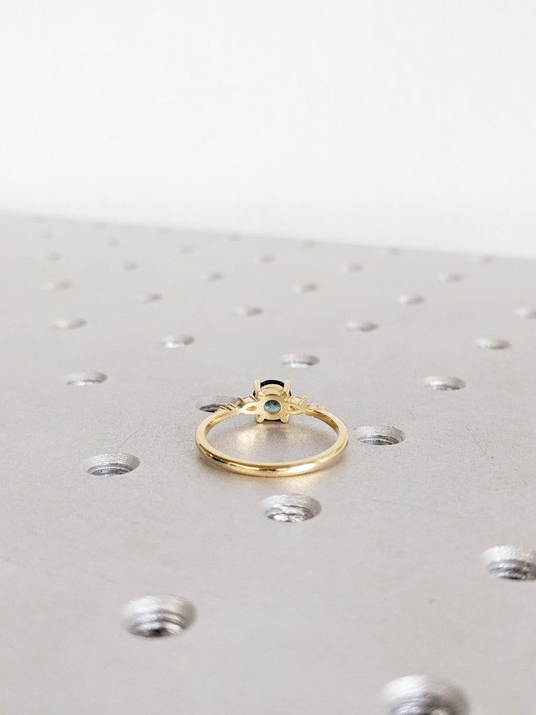 0.5ct Unique Round Sapphire Engagement Ring, 18K Yellow Solid Gold Sapphire Wedding Ring, Teal Peacock Sapphire Diamond Cluster Ring For Her