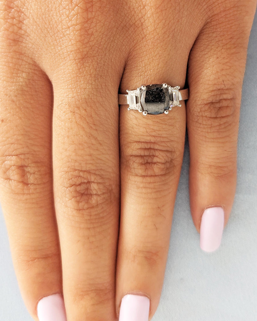 Cushion Cut Salt and Pepper Diamond Engagement Ring • 3 Stone Alternative Bridal Wedding Ring • Trapezoid Moissanites • 18K White Gold
