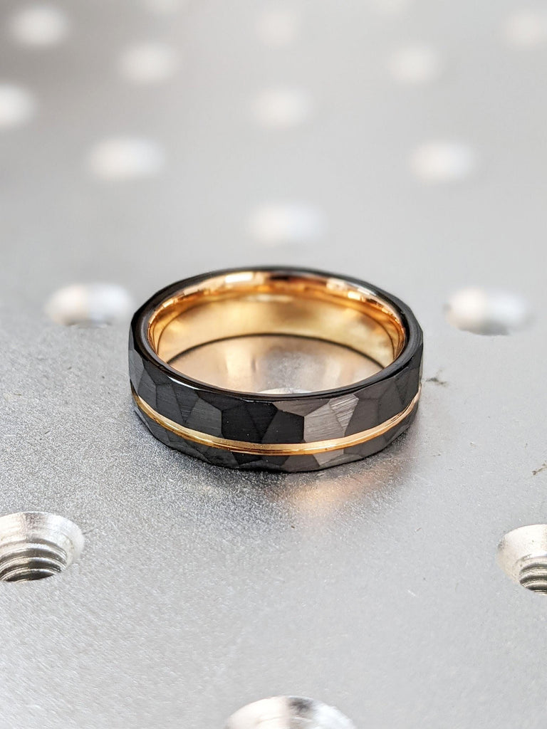 Rose Gold Tungsten Carbide Mens Promise Ring | 6MM Comfort Fit Black Wedding Band | Brushed Finish Hammered Ring | Stylish Gothic His Ring