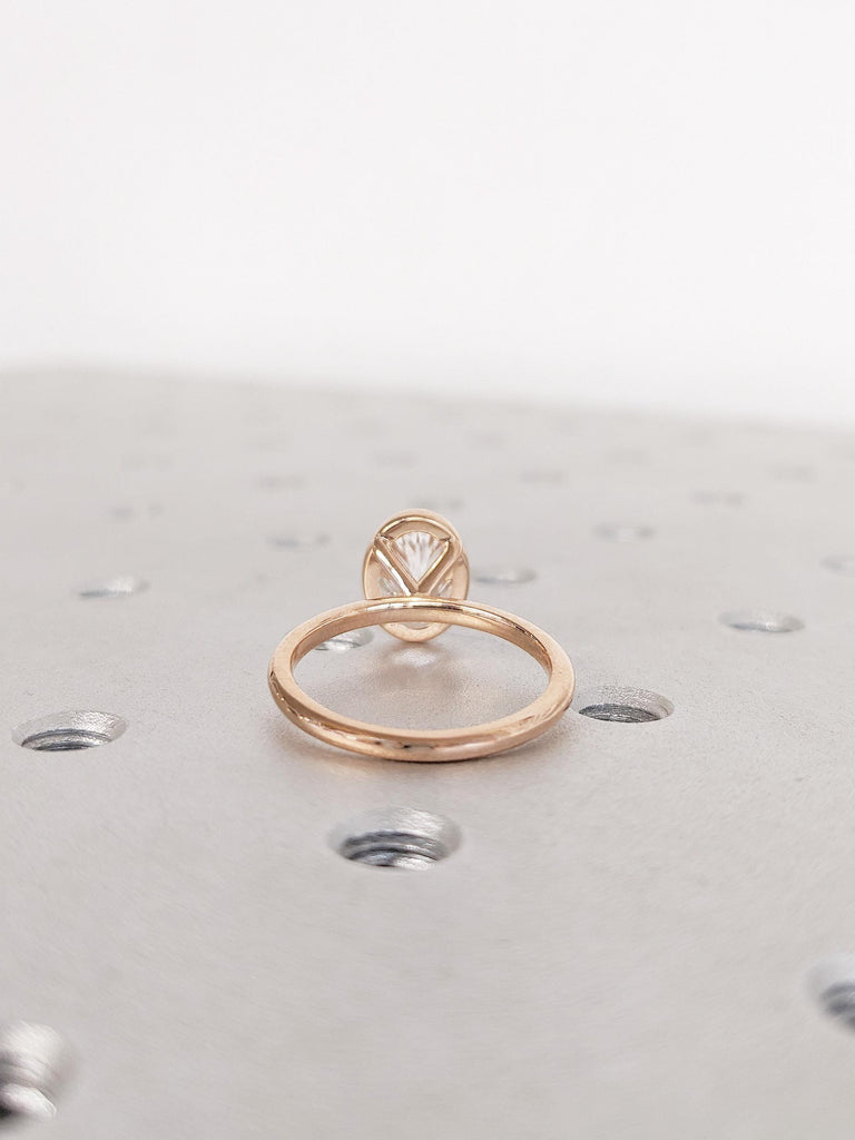 1.5ct Oval Cut Lab Grown Diamond Ring, 14K Rose Gold Bezel Set Solitaire Ring, Bridal Jewelry