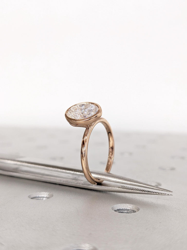 Certified Lab Grown Diamond Engagement Ring, 14K Rose Gold Oval Cut Unique Diamond Ring, Bezel Set Diamond Wedding Ring, Lab Diamond Jewelry