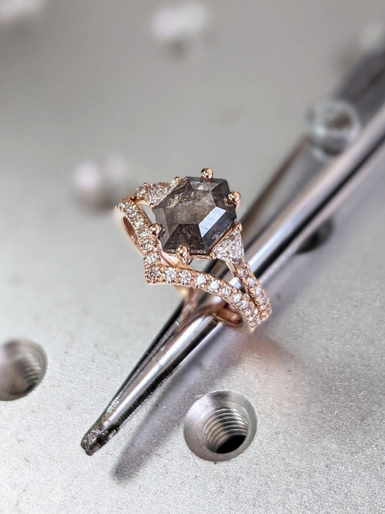 Salt and Pepper Diamond Engagement and Wedding Ring Set | 14k Rose Gold Chevron Matching Stacking Ring | Diamond Bridal Jewelry For Women