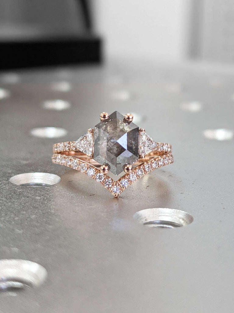 Solid Rose Gold Diamond Ring Bridal Set: Hexagon cut Salt and Pepper Diamond with Curved Wedding Ring