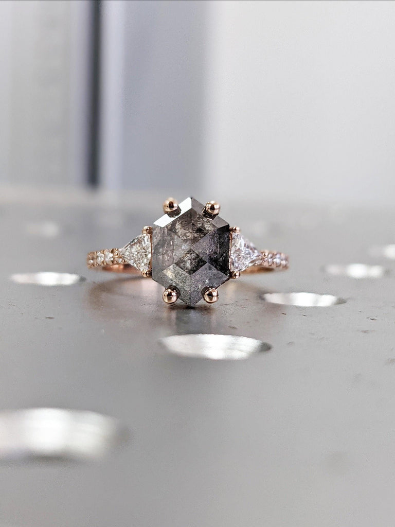 Solid Rose Gold Diamond Ring Bridal Set: Hexagon cut Salt and Pepper Diamond with Curved Wedding Ring