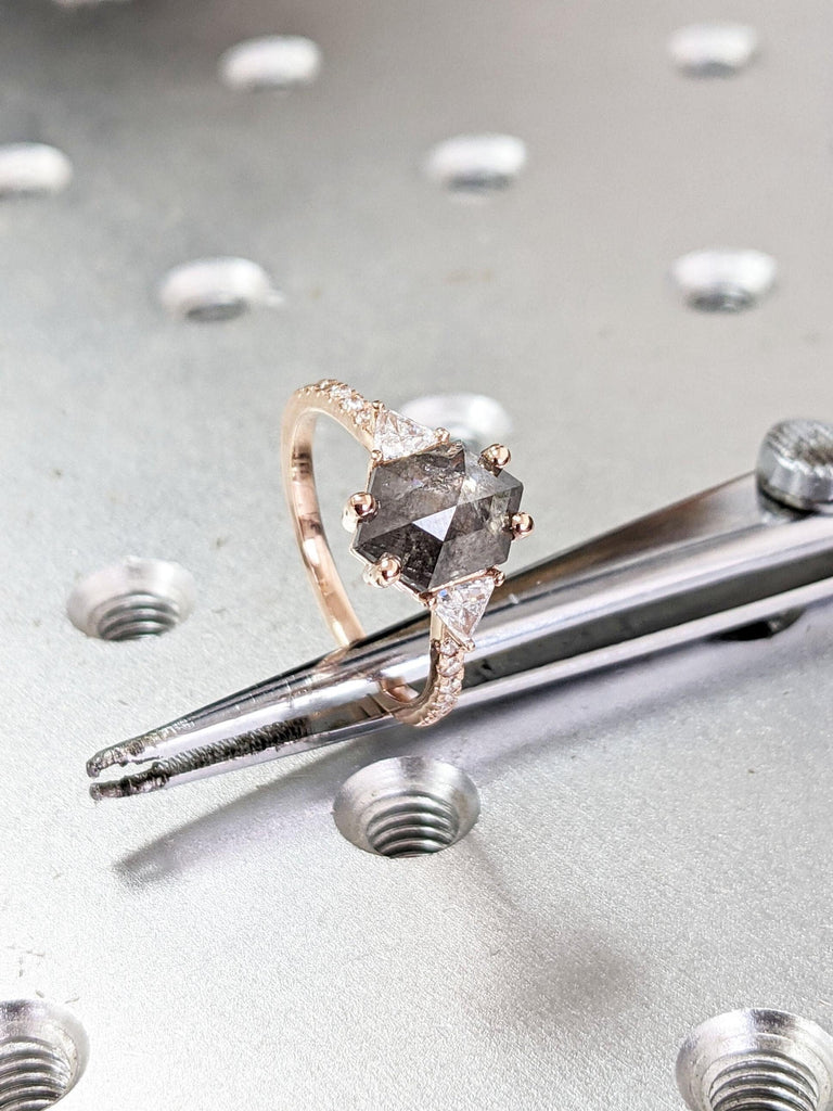 Salt and Pepper Diamond Engagement and Wedding Ring Set | 14k Rose Gold Chevron Matching Stacking Ring | Diamond Bridal Jewelry For Women