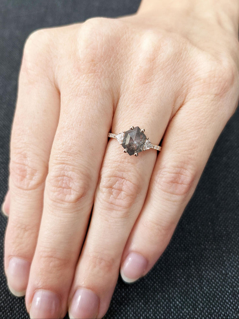 Salt and Pepper Diamond Engagement and Wedding Ring Set | 14k Rose Gold Chevron Matching Stacking Ring | Diamond Bridal Jewelry For Women