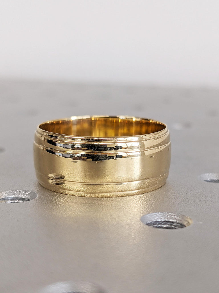 18K Solid Yellow Gold Wedding Band, Classic Layered Line Men's Engagement Ring, Plain 10mm Ring, Custom Gold Band, Wedding Anniversary Gift