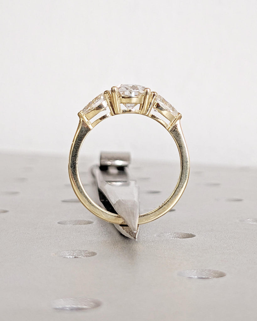 Three Stone Oval Engagement Ring, IGI Certified Lab Created Diamond with Pear Cut Moissanite or Lab Diamond Accents, 14K Yellow Gold