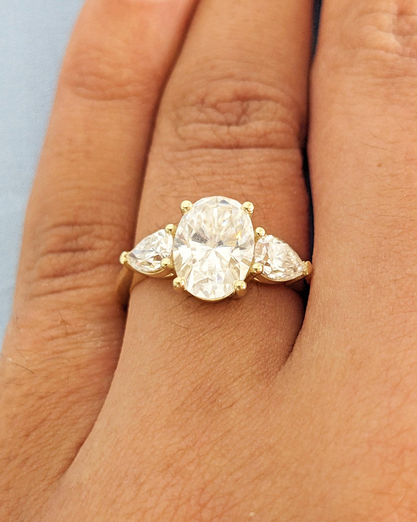 Oval Cut Lab Grown Diamond Ring IGI Certified, Three Stone Diamond Engagement Ring, Pear Cut Side Moissanites, 14K Gold Vintage Wedding Ring