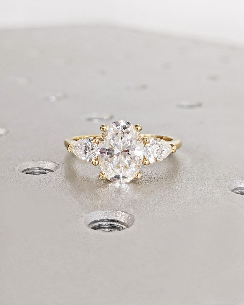 Oval Moissanite Engagement Ring, Vintage Unique Pear Cluster Ring, Three Stone Engagement Ring, Vintage Promise Ring Women, 14K Yellow Gold