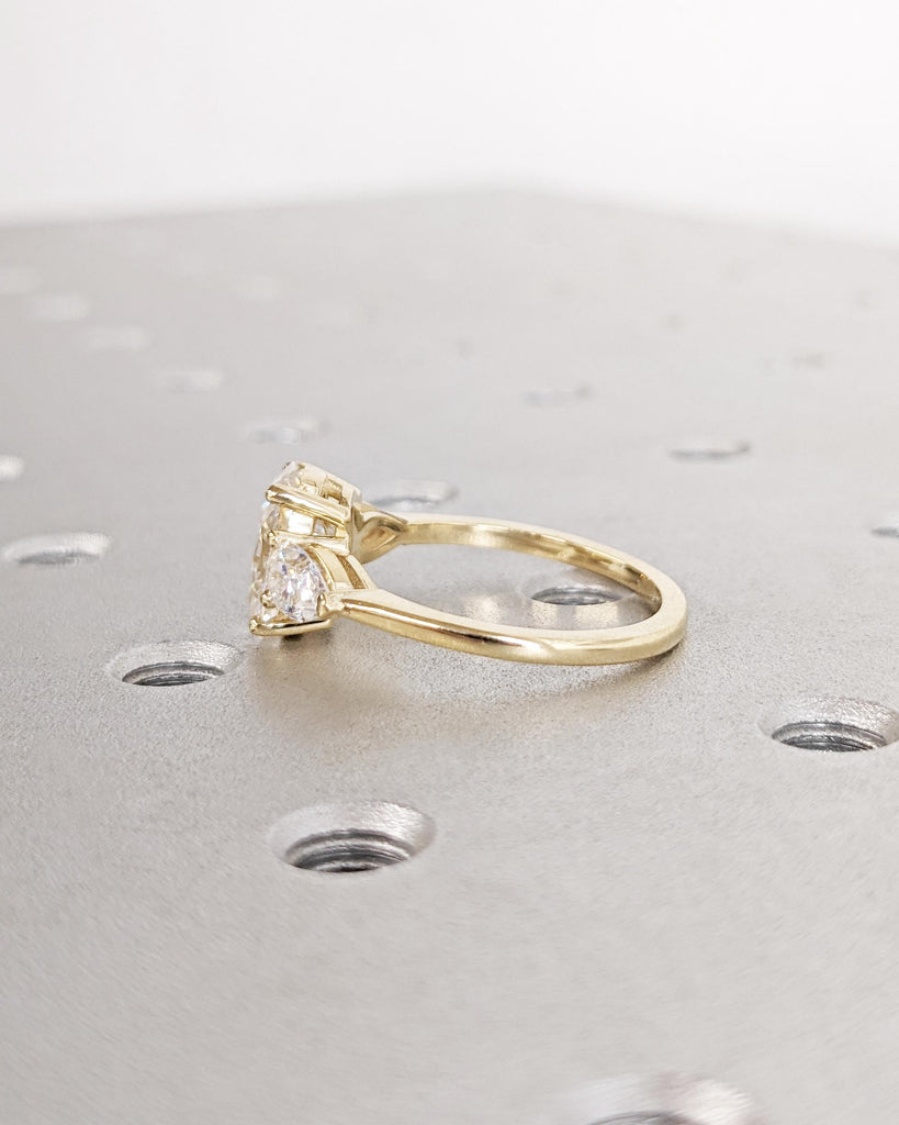 Oval Moissanite Engagement Ring, Vintage Unique Pear Cluster Ring, Three Stone Engagement Ring, Vintage Promise Ring Women, 14K Yellow Gold