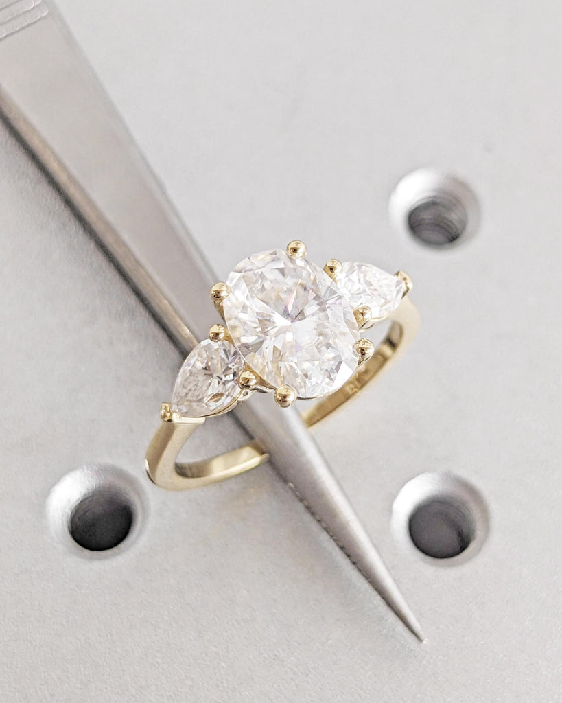 Oval Moissanite Engagement Ring, Vintage Unique Pear Cluster Ring, Three Stone Engagement Ring, Vintage Promise Ring Women, 14K Yellow Gold