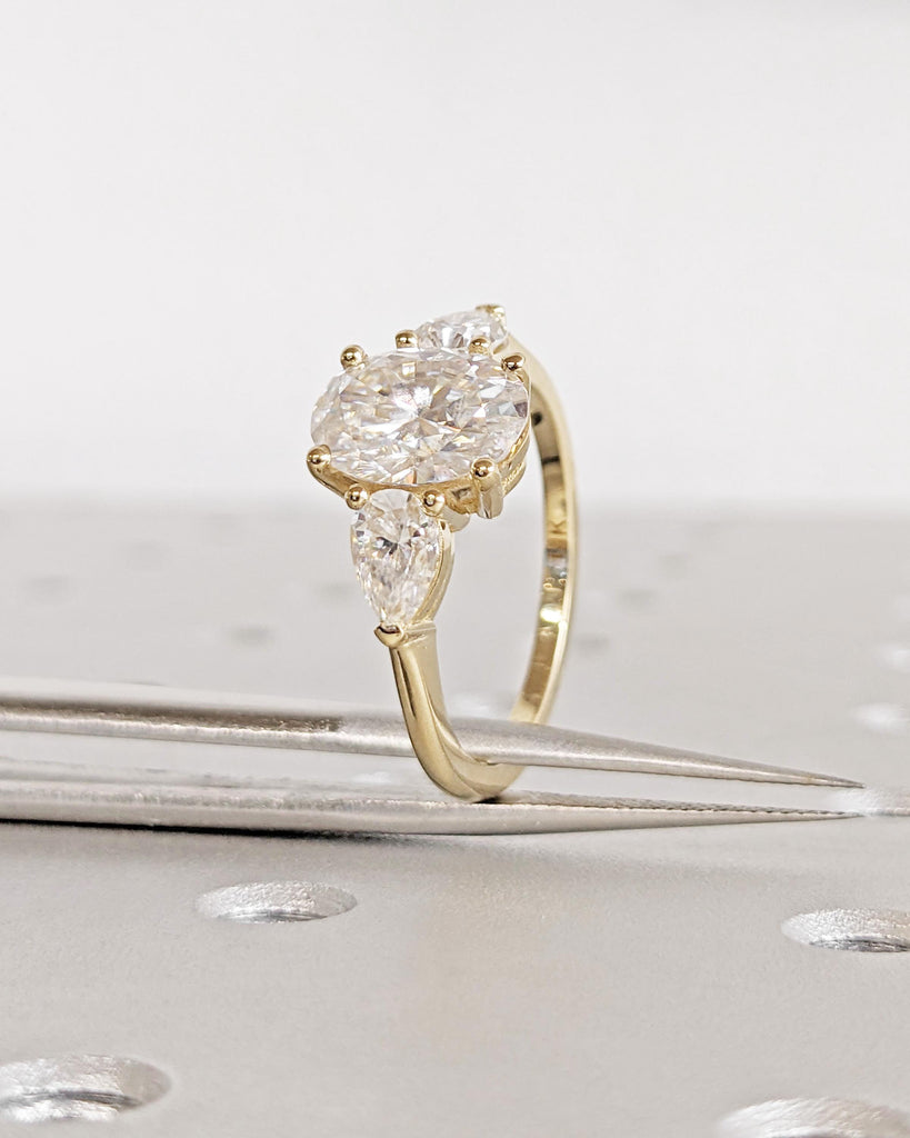 Oval Moissanite Engagement Ring, Vintage Unique Pear Cluster Ring, Three Stone Engagement Ring, Vintage Promise Ring Women, 14K Yellow Gold