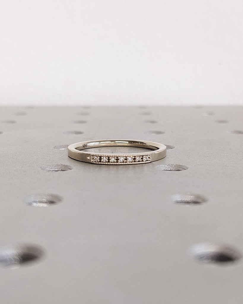 Dainty Round Cut Diamond Ring, 14K Solid White Gold Milgrain Band, White Pave Diamond Stacking Ring, Custom Ring, Anniversary Gift For Her