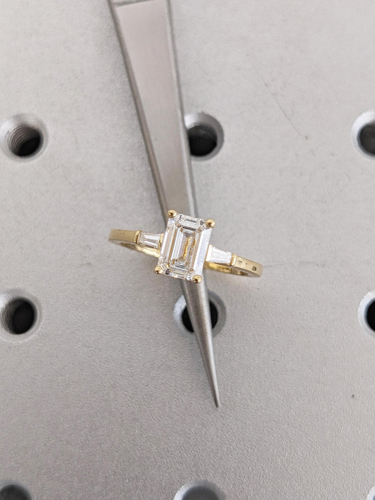 18k Yellow Gold Ring, Moissanite Ring, Emerald Cut Ring, Diamond Tapered Baguette Engagement Ring