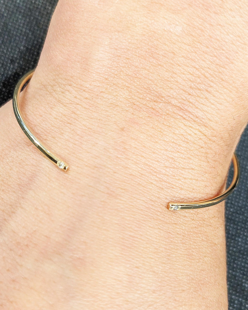 14K Yellow Gold Diamond Cuff Bangle: Open Bracelet with Salt and Pepper Diamond Accents, Thin Open Cuff Bangle, Birthday Gift for Her