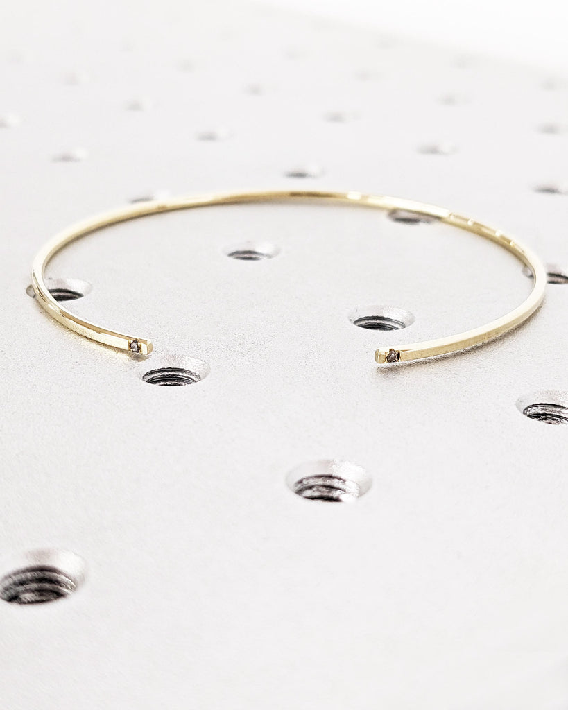 Diamond Open Bangle in Solid Gold, 14K Yellow Gold Open Cuff Bracelet, Salt and Pepper Diamond, Timeless Diamond Bar Bracelet, Birthday Gift