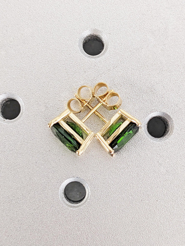 Rare Gold Tourmaline Studs Earrings, Cushion Cut Green Birthstone Studs, 14K Yellow Gold Screw Back Earrings