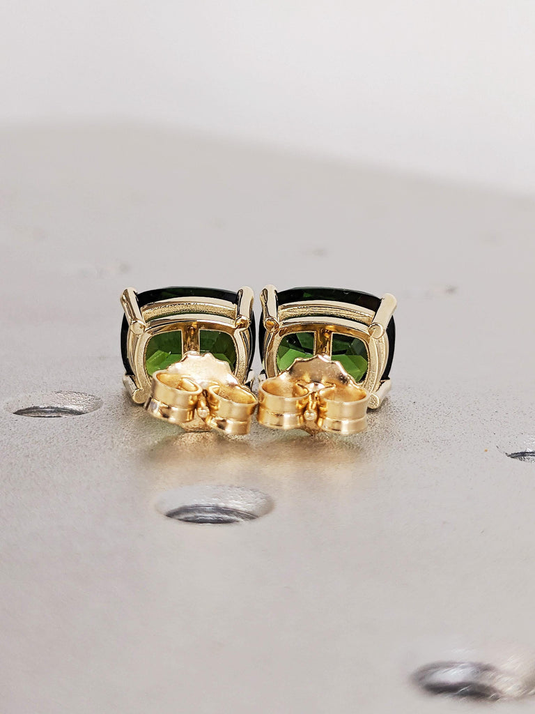 Cushion Cut Green Tourmaline Stud Earrings, 14K Solid Yellow Gold Screw Back Stones Studs, Libra Birthstone Earrings, Everyday Gold Jewelry