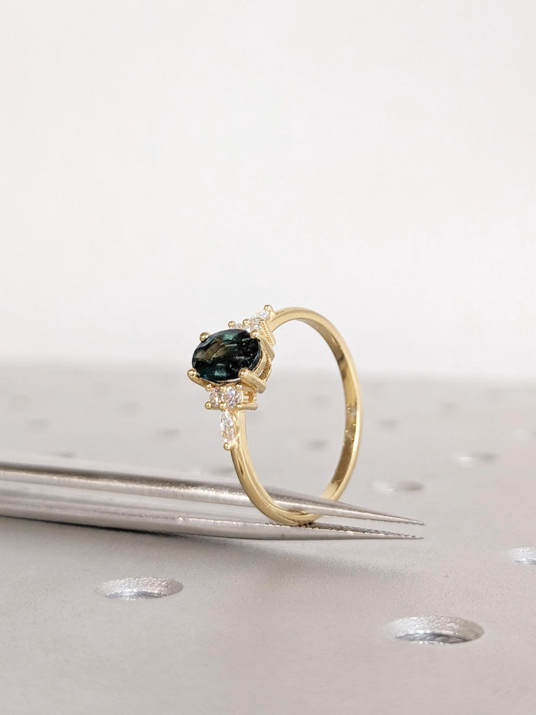 1ct Oval Green Sapphire Engagement Ring, 18K Yellow Gold Diamond Cluster Ring, Birthstone Sapphire Wedding Ring