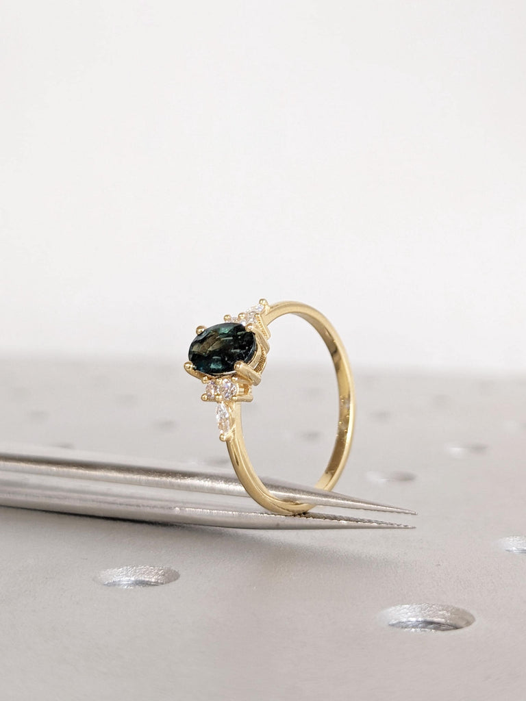 1ct Oval Cut Green Sapphire Engagement Ring, 18K Yellow Gold Wedding Ring, Diamond Cluster Birthstone Ring, Sapphire Jewelry, Promise Ring