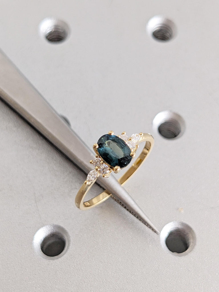 1ct Oval Cut Green Sapphire Engagement Ring, 18K Yellow Gold Wedding Ring, Diamond Cluster Birthstone Ring, Sapphire Jewelry, Promise Ring