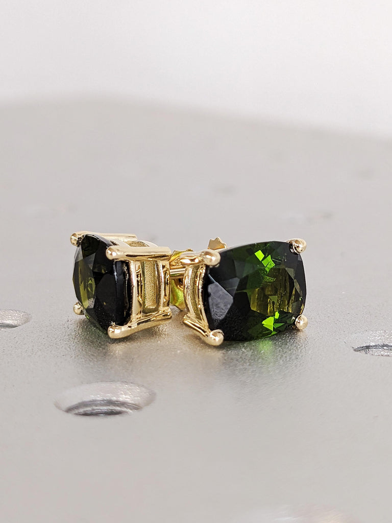 Rare Gold Tourmaline Studs Earrings, Cushion Cut Green Birthstone Studs, 14K Yellow Gold Screw Back Earrings
