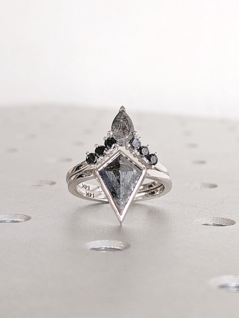 Kite Cut Salt and Pepper Diamond Engagement Ring Set, 14k White Gold Ring, Diamond Statement Ring, Black Diamond Wedding Ring, Bridal Ring