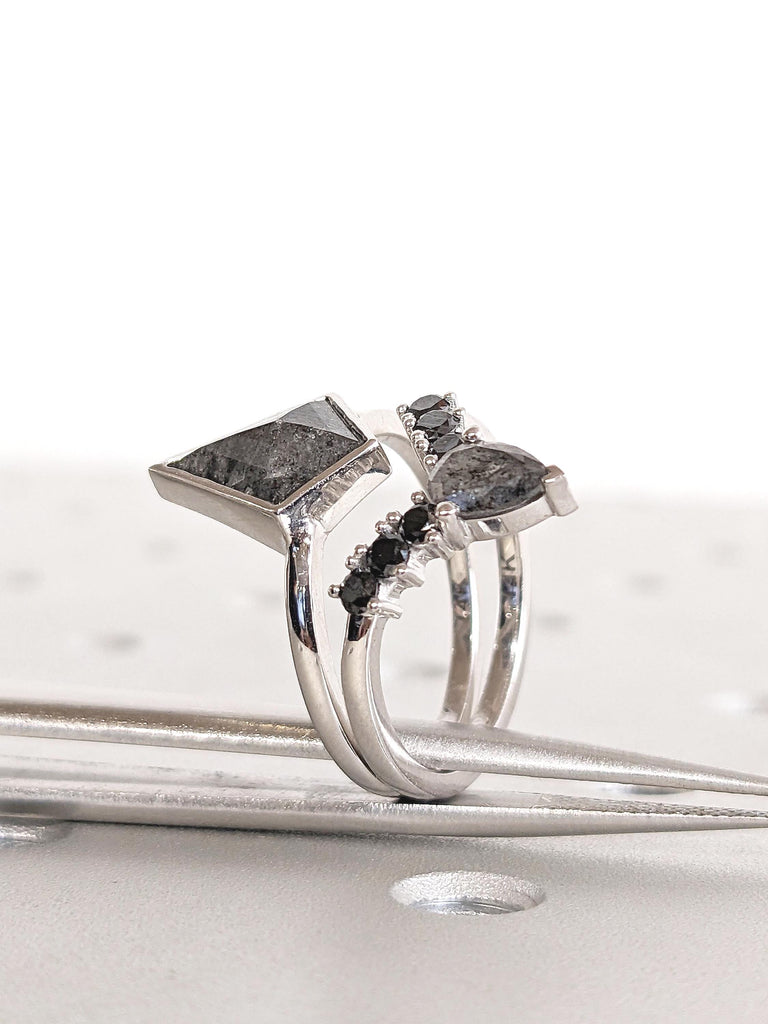 Kite Cut Salt and Pepper Diamond Engagement Ring Set, 14k White Gold Ring, Diamond Statement Ring, Black Diamond Wedding Ring, Bridal Ring