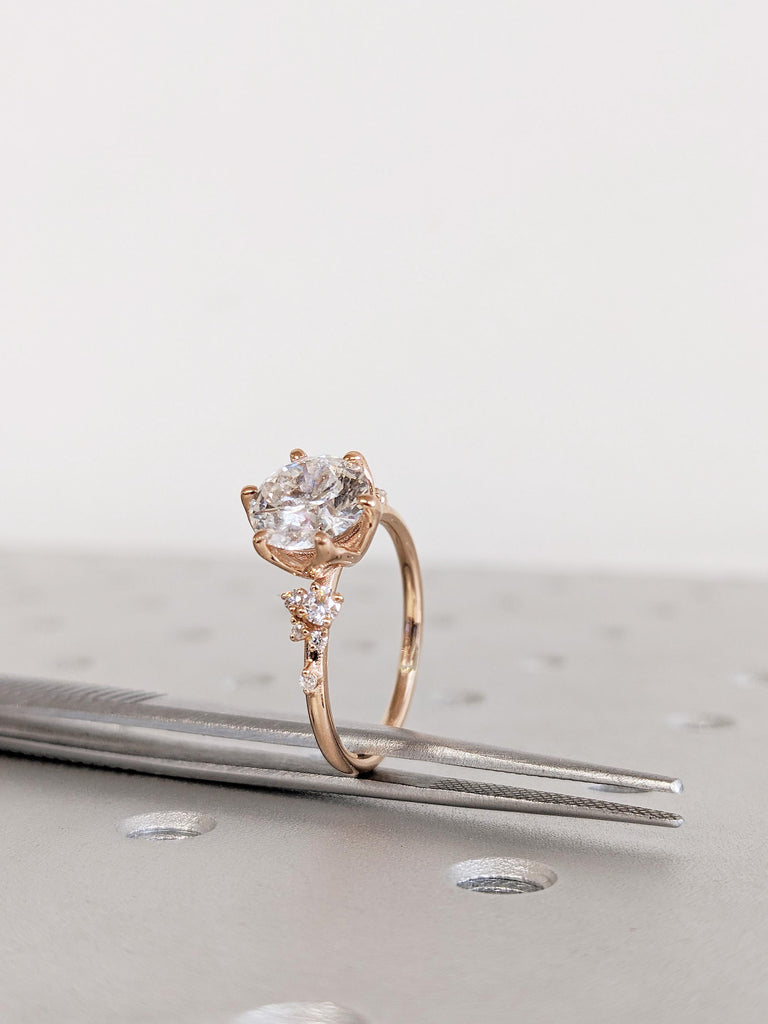 Round Moissanite Engagement Ring, 14K Rose Gold Snowdrift Diamond Cluster Wedding Ring
