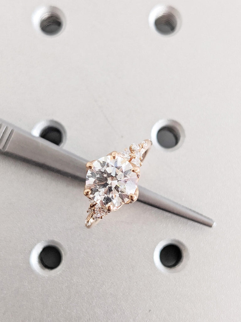 Round Moissanite Engagement Ring, 14K Rose Gold Wedding Ring, Snowdrift Diamond Cluster Ring, Anniversary Ring, Unique Bridal Ring For Her