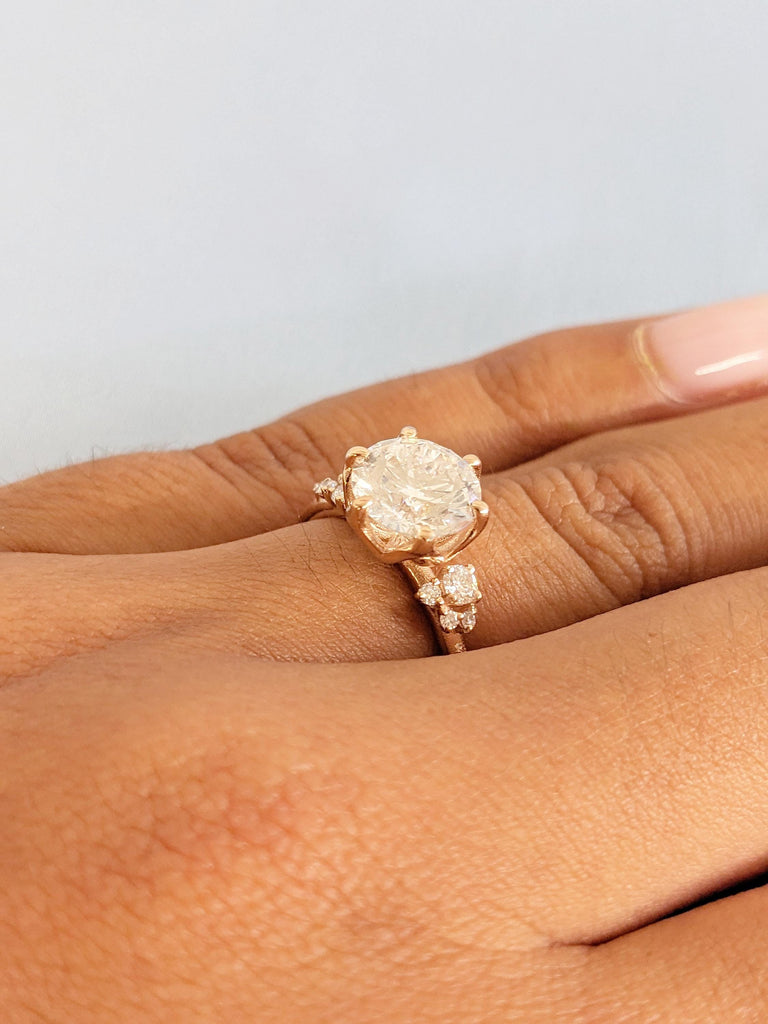 Round Moissanite Engagement Ring, 14K Rose Gold Wedding Ring, Snowdrift Diamond Cluster Ring, Anniversary Ring, Unique Bridal Ring For Her