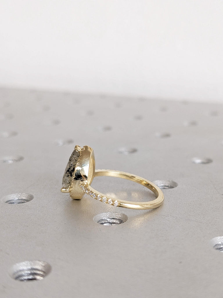 1920's Raw Salt and Pepper Diamond Engagement Ring, 14K Yellow Gold Ring, Diamond Halo Ring, Pear Cut Ring, Modern Wedding Ring Gift For Her