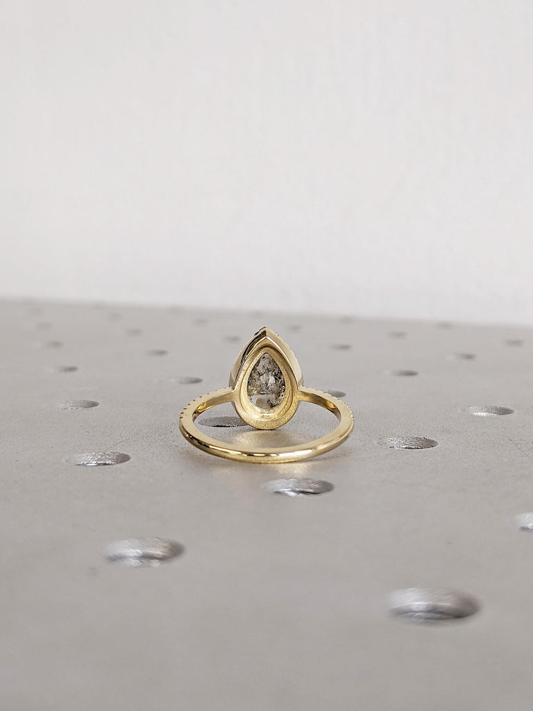 1920's Raw Salt and Pepper Diamond Engagement Ring, 14K Yellow Gold Ring, Diamond Halo Ring, Pear Cut Ring, Modern Wedding Ring Gift For Her