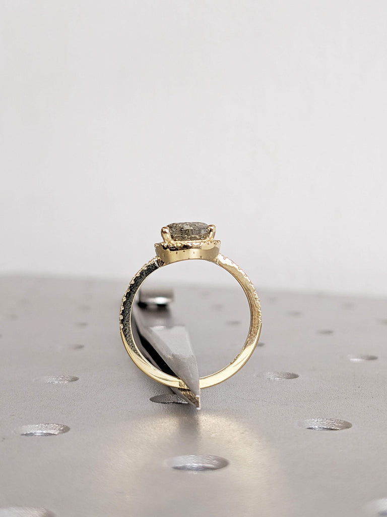 1920s Pear Cut Salt and Pepper Diamond Engagement Ring, 14K Yellow Gold Halo Ring, Vintage Diamond Wedding Ring