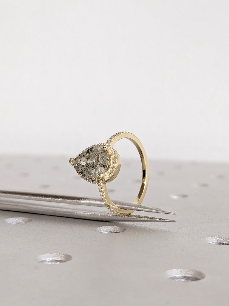 1920's Raw Salt and Pepper Diamond Engagement Ring, 14K Yellow Gold Ring, Diamond Halo Ring, Pear Cut Ring, Modern Wedding Ring Gift For Her