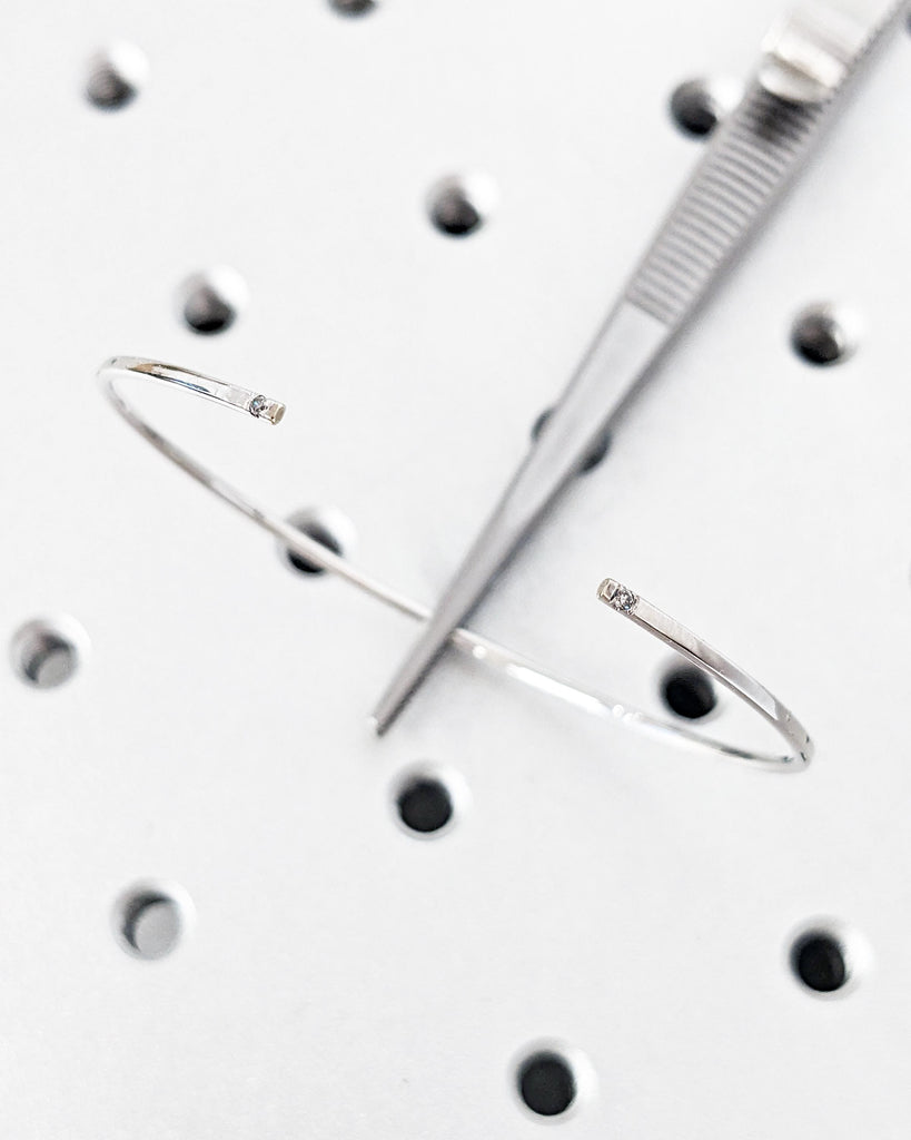 14K White Gold Diamond Cuff Bangle: Open Bracelet with Salt and Pepper Diamond Accents, Thin Open Cuff Bangle, Birthday Gift for Her, Bridal Bracelet, Bridal Jewelry