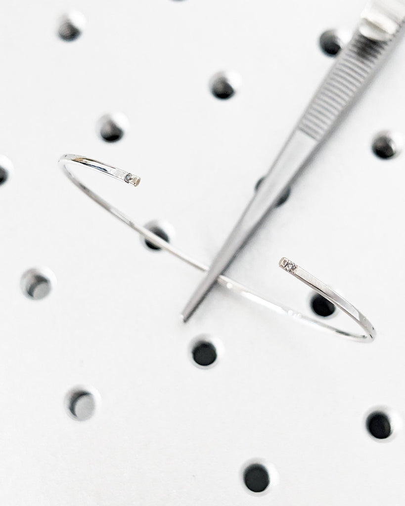 14K White Gold Diamond Cuff Bangle: Open Bracelet with Salt and Pepper Diamond Accents, Thin Open Cuff Bangle, Birthday Gift for Her