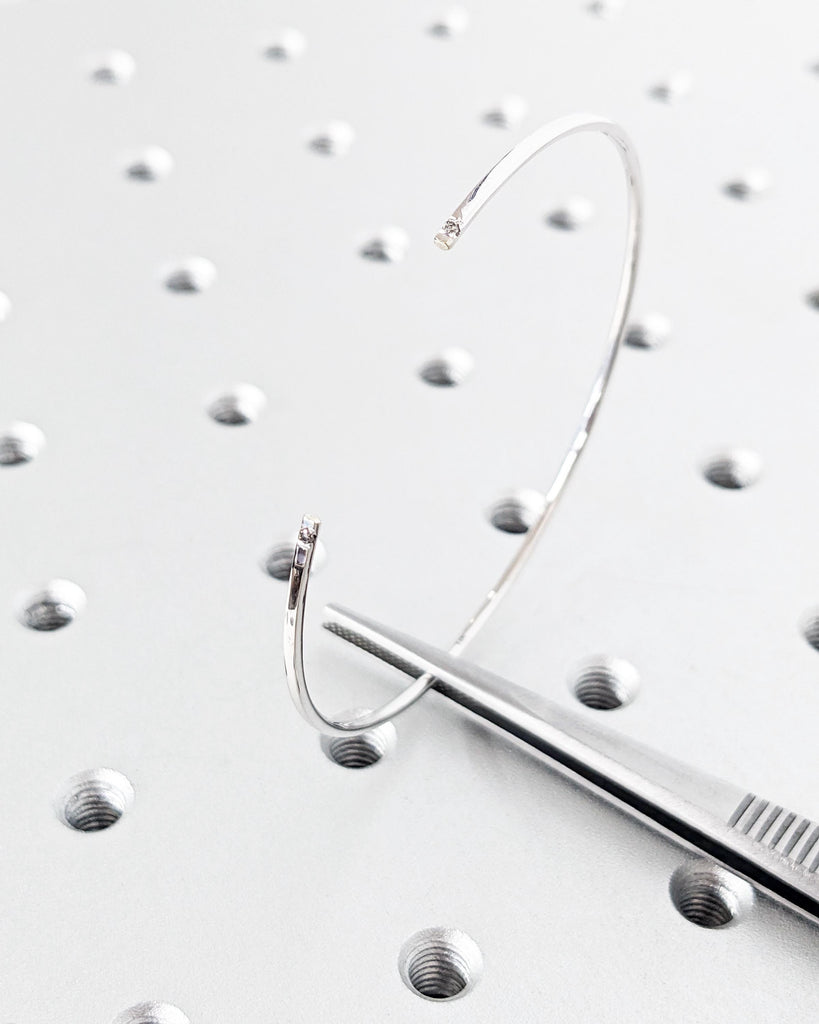 14K White Gold Diamond Cuff Bangle: Open Bracelet with Salt and Pepper Diamond Accents, Thin Open Cuff Bangle, Birthday Gift for Her