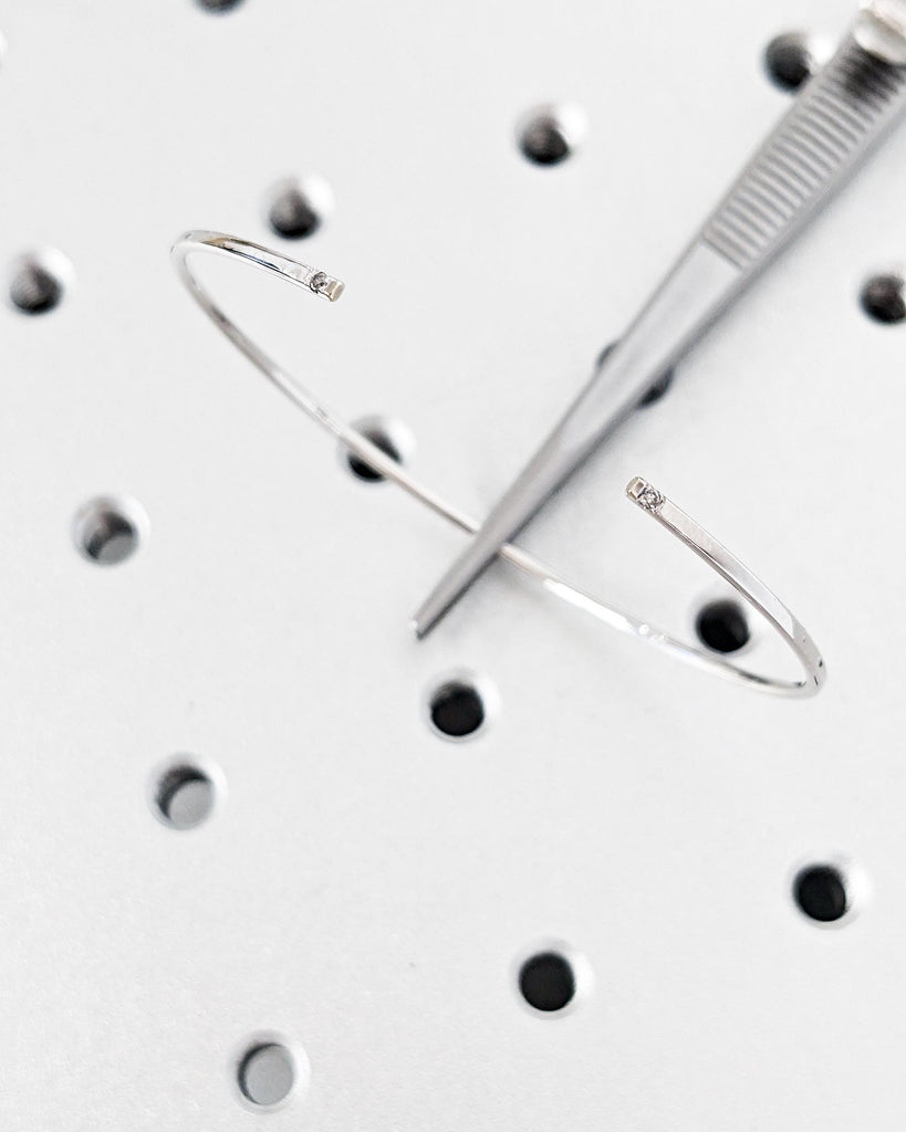 14K White Gold Diamond Cuff Bangle: Open Bracelet with Salt and Pepper Diamond Accents, Thin Open Cuff Bangle, Birthday Gift for Her