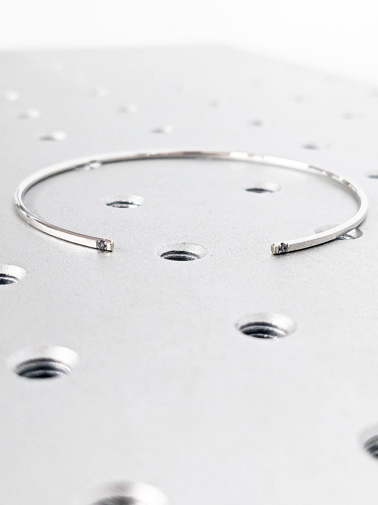 Diamond Open Bangle in Solid Gold, 14K White Gold Open Cuff Bracelet, Salt and Pepper Diamond, Timeless Diamond Bar Bracelet, Birthday Gift
