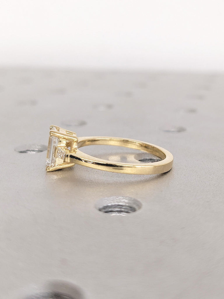 18k Yellow Gold Ring, Moissanite Ring, Emerald Cut Ring, Diamond Tapered Baguette Engagement Ring