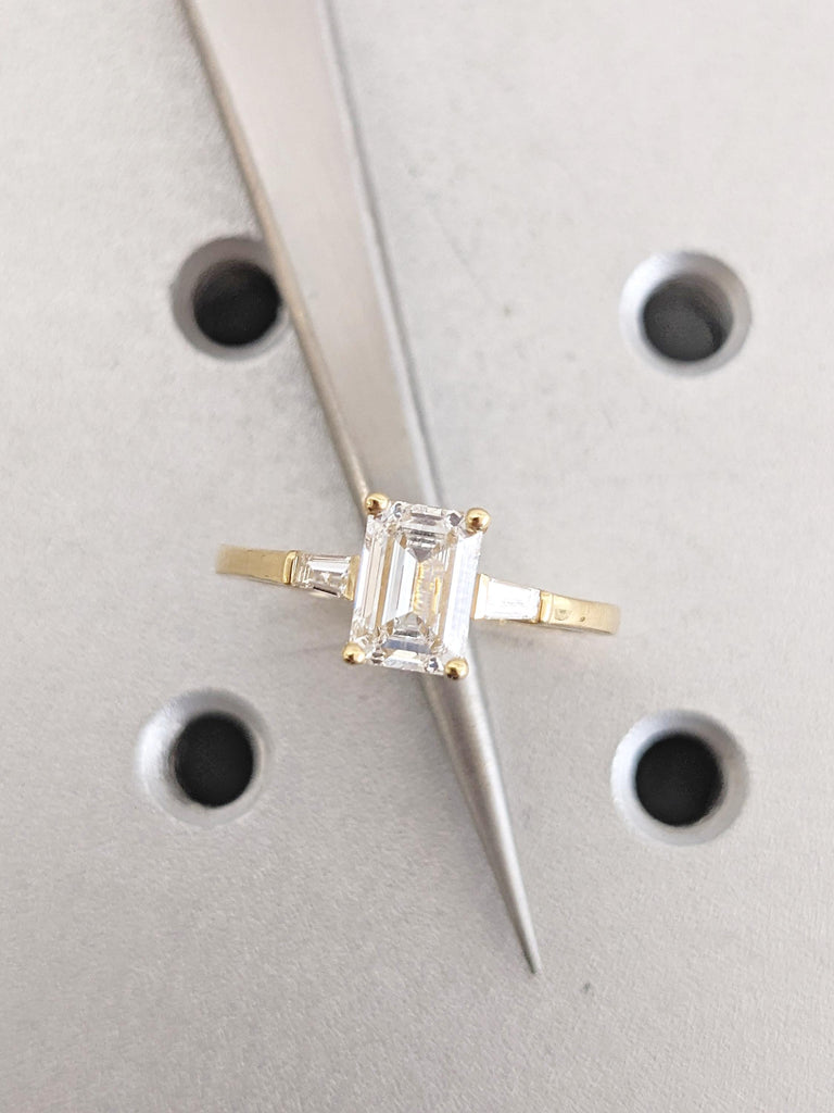 1-2ct Emerald Cut Lab Grown Diamond Engagement Ring, 18k Gold Tapered Baguette Diamond Ring