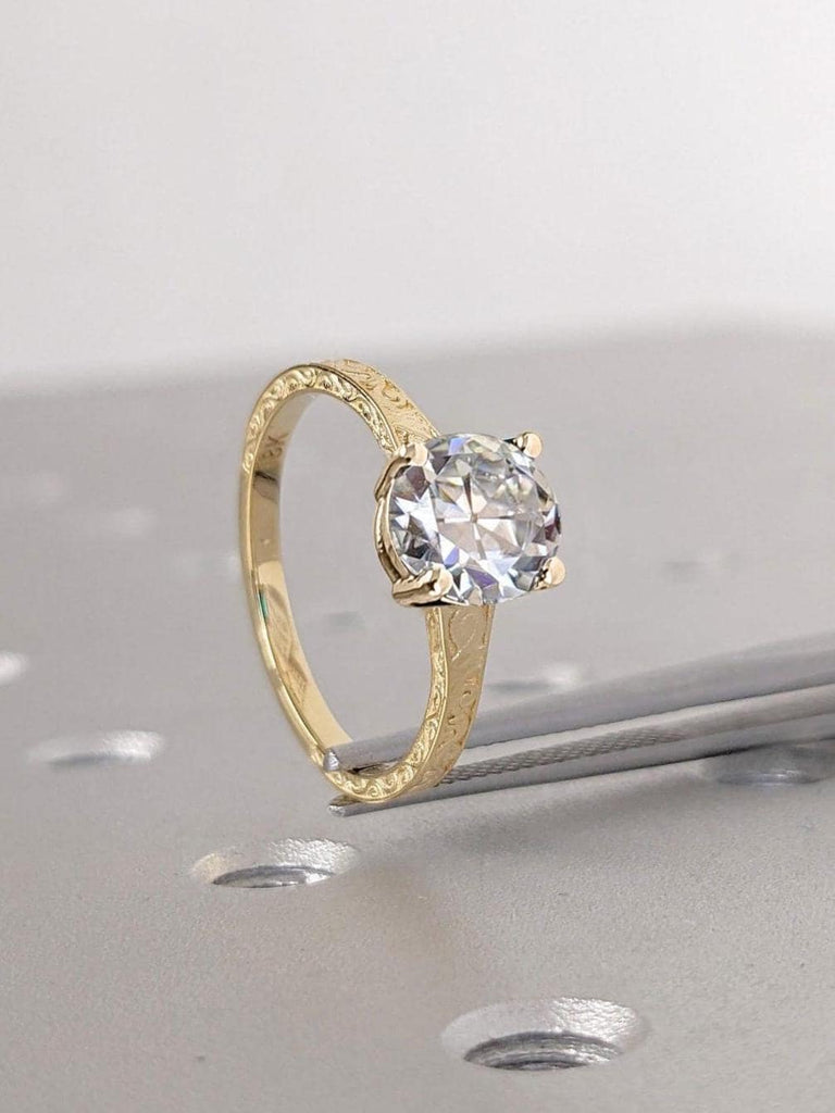 VVS Moissanite Vintage Engagement Filigree Ring: Solid Yellow Gold, Old European Round cut Solitaire