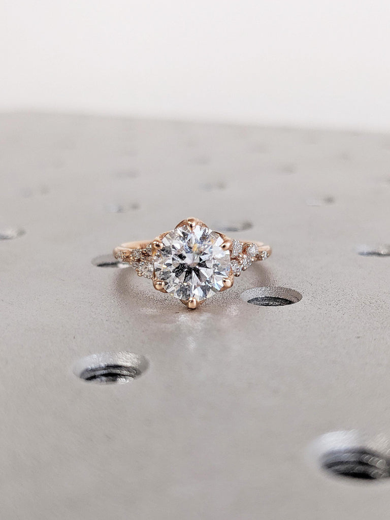 2ct Lab Grown Diamond Engagement Ring, Round Cut Lab Diamond Ring, 14K Rose Gold Diamond Ring, Snowdrift Diamond Cluster Ring, Promise Ring