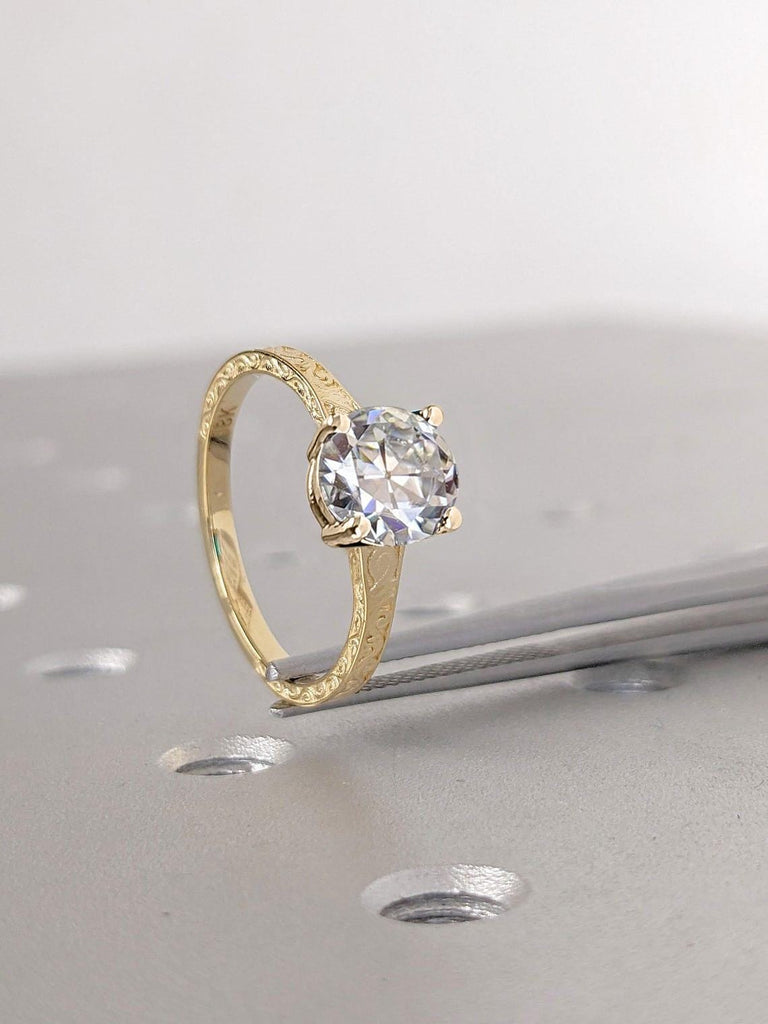 Old Mine cut Diamond Engagement Ring in 14k Yellow Gold with Filigree Engraving: Round Certified Lab Created Diamond Solitaire