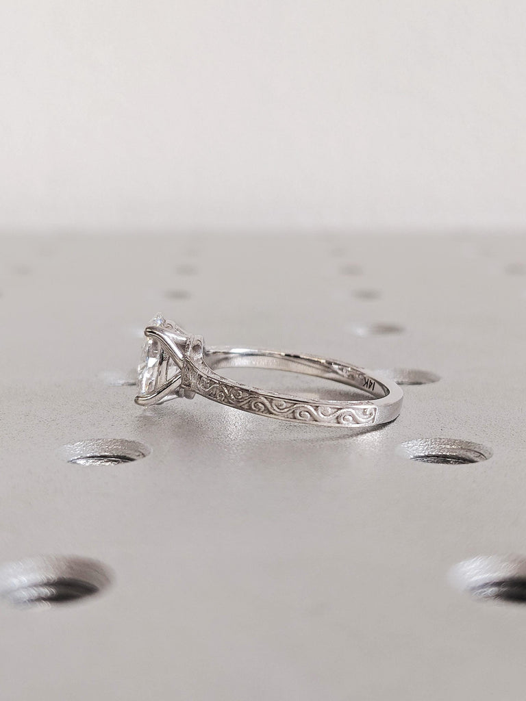 14K White Gold Raw Lab Diamond Engagement Ring, Vintage Oval Cut Diamond Filigree Wedding Band