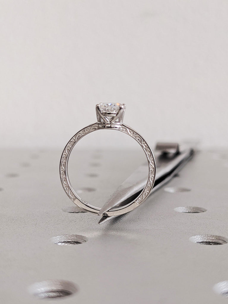 Oval Cut Lab Grown Diamond Ring, Filigree Diamond Engagement Ring, Custom 14K Solid White Gold Wedding Ring, Vintage White Diamond Ring