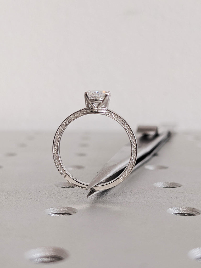 14K White Gold Raw Lab Diamond Engagement Ring, Vintage Oval Cut Diamond Filigree Wedding Band