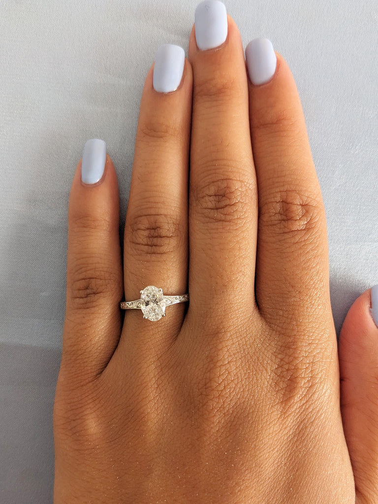 Oval Cut Lab Grown Diamond Ring, Filigree Diamond Engagement Ring, Custom 14K Solid White Gold Wedding Ring, Vintage White Diamond Ring